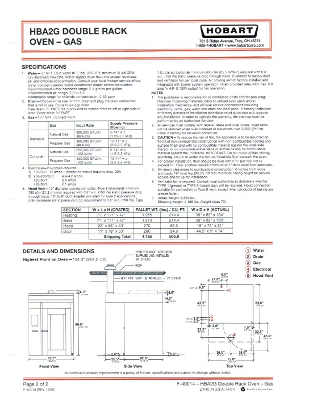 2003 Hobart HBA2G Natual Gas Double Rack Oven